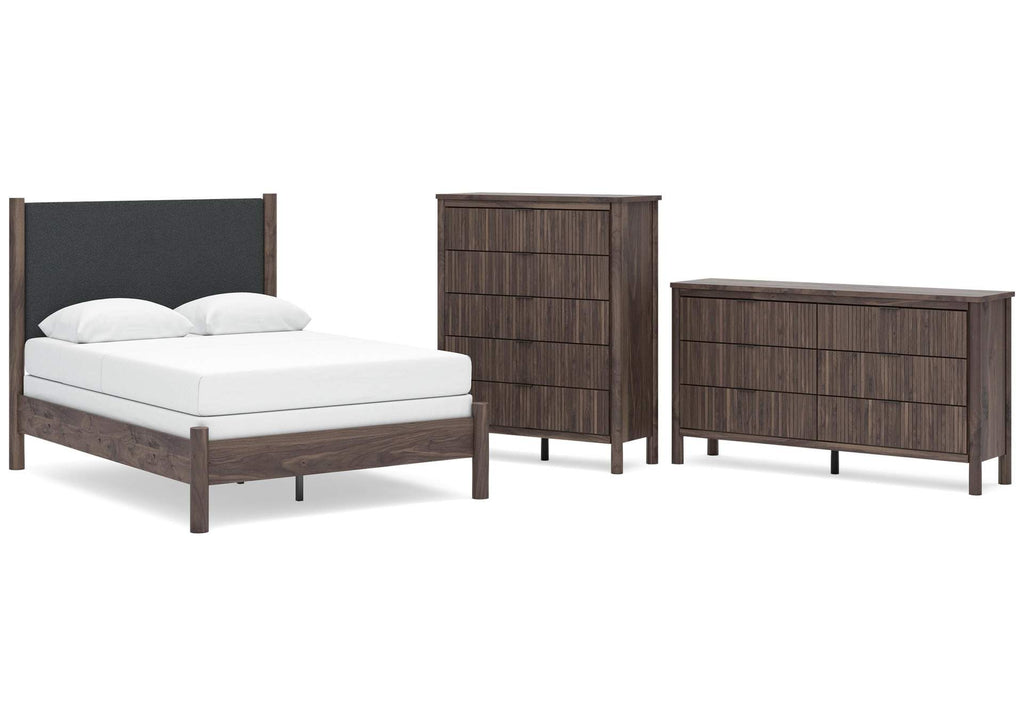 Cadmori Full Upholstered Panel Bed, Dresser and Chest
