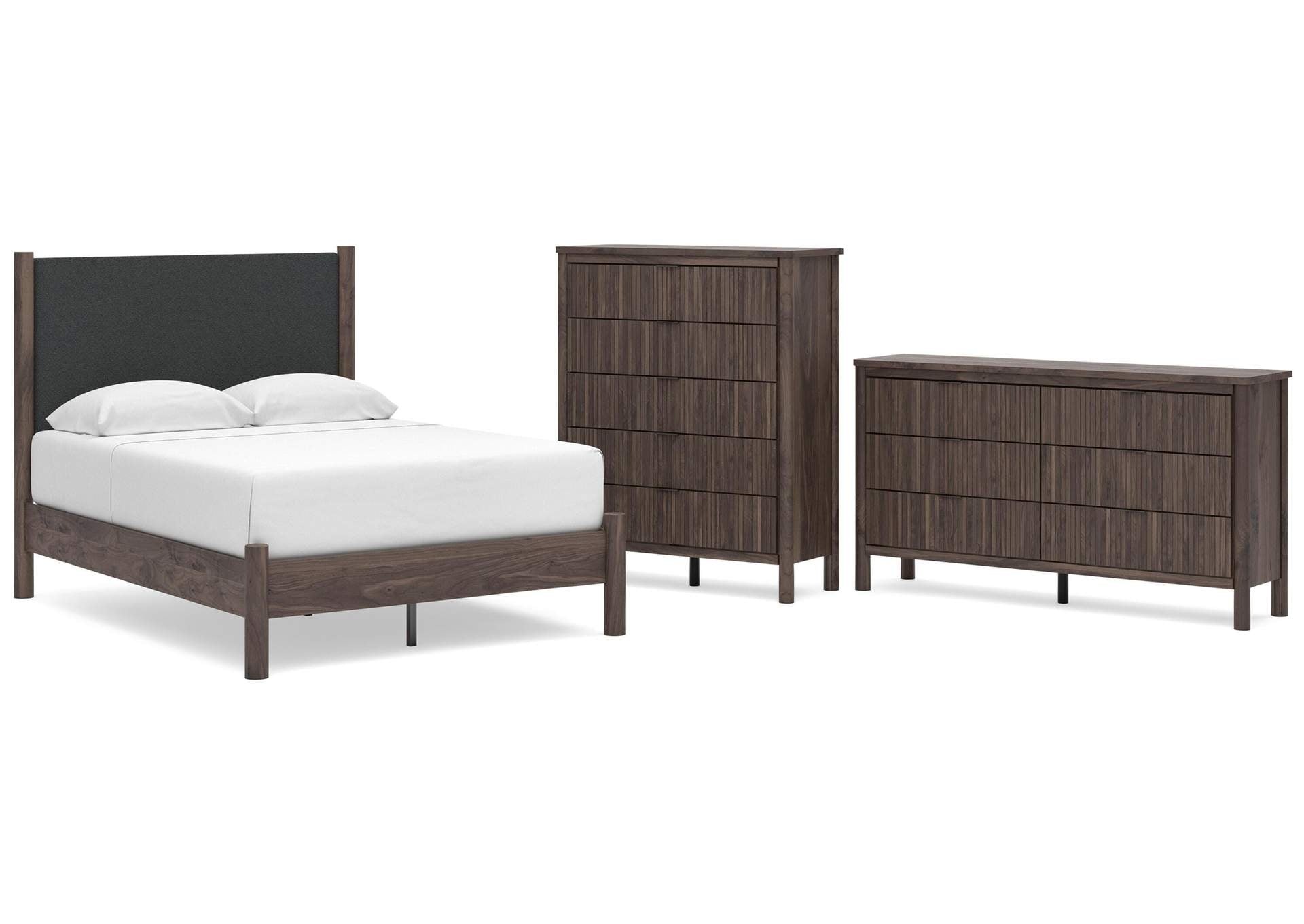 Cadmori Full Upholstered Panel Platform Bed, Dresser and Chest