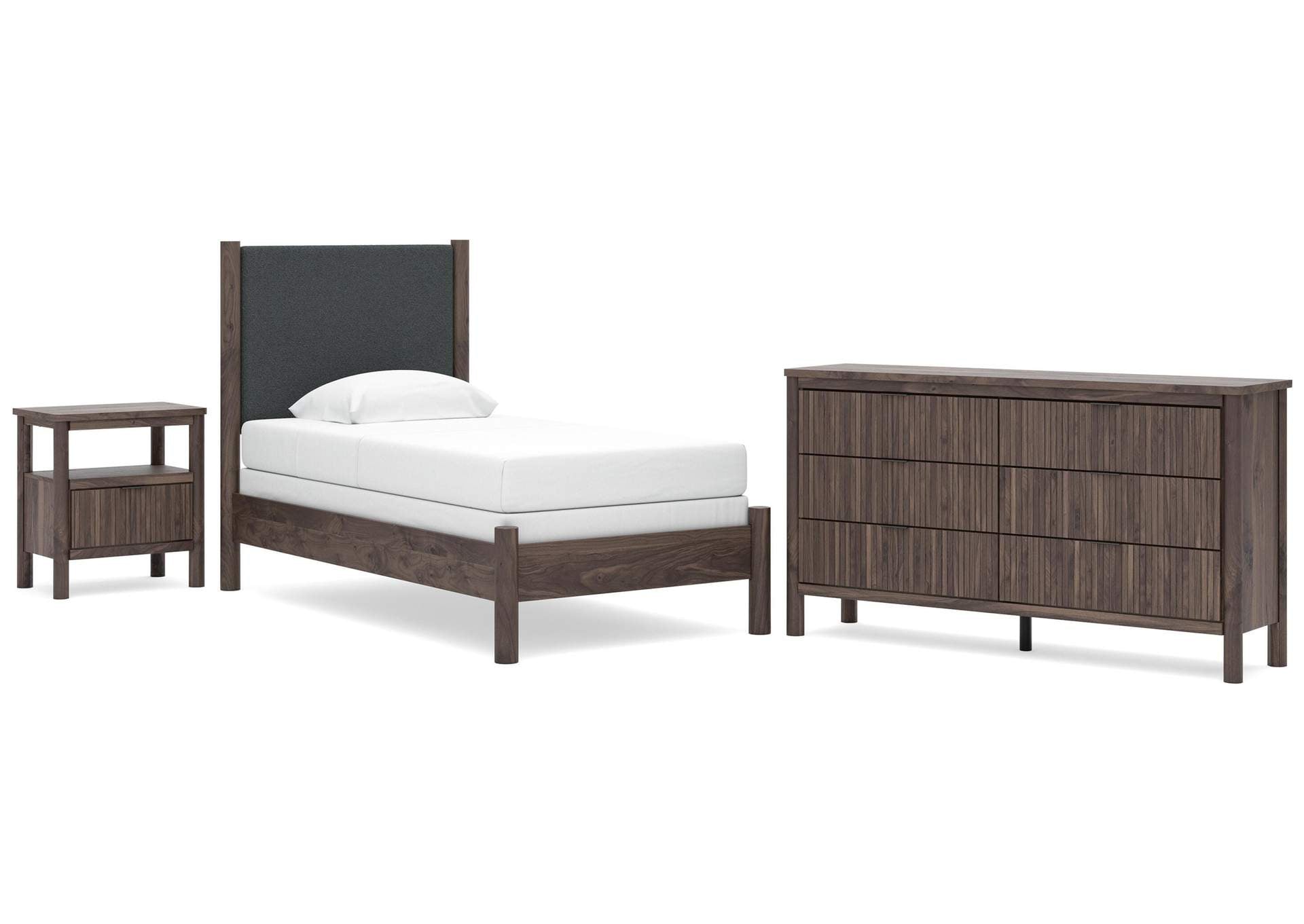 Cadmori Twin Upholstered Panel Bed, Dresser and Nightstand