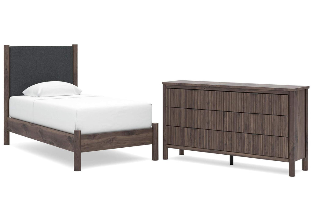 Cadmori Twin Upholstered Panel Platform Bed and Dresser