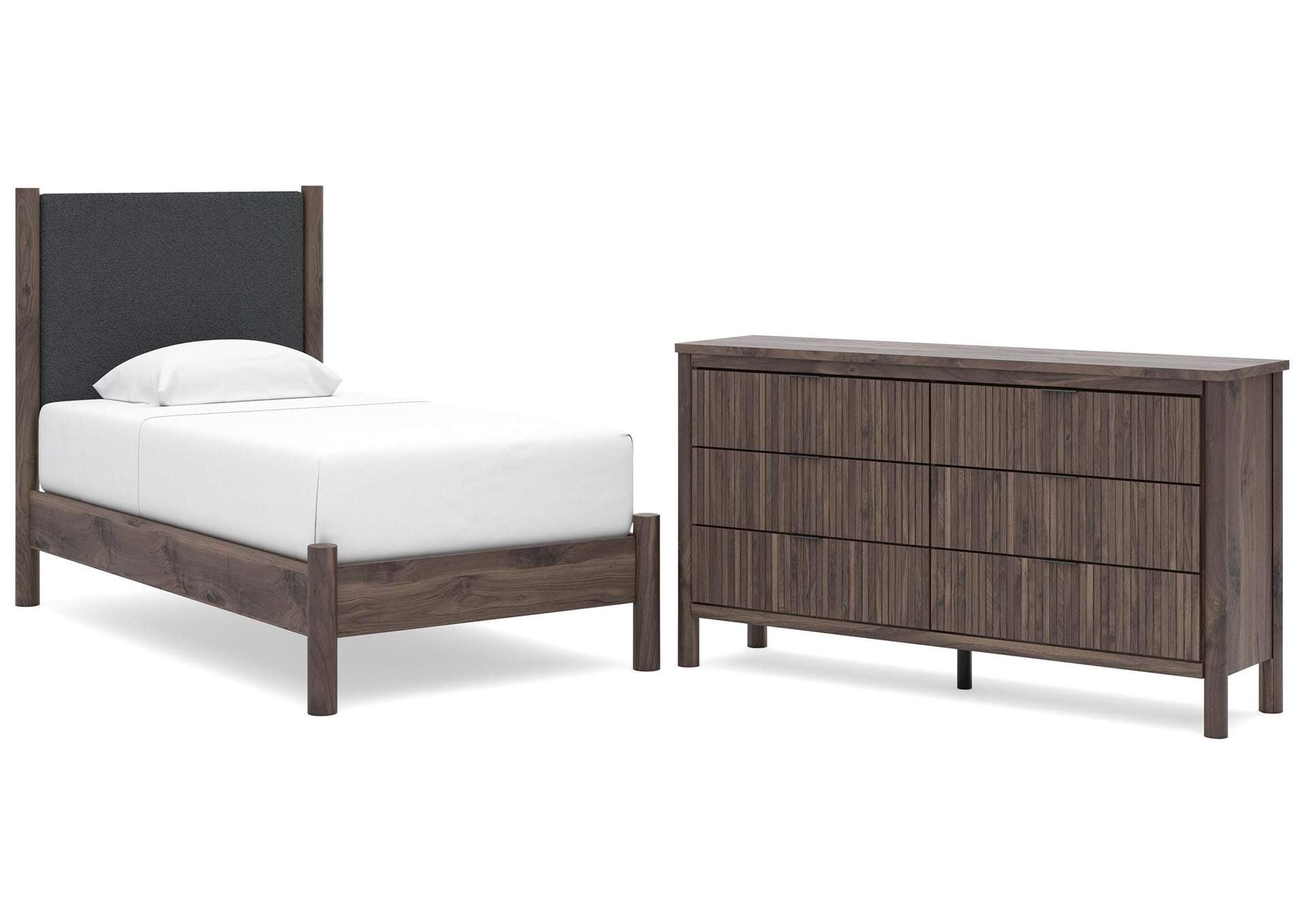 Cadmori Twin Upholstered Panel Platform Bed and Dresser