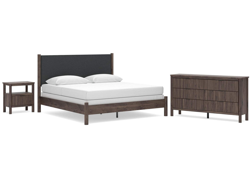 Cadmori King Upholstered Panel Bed, Dresser and Nightstand