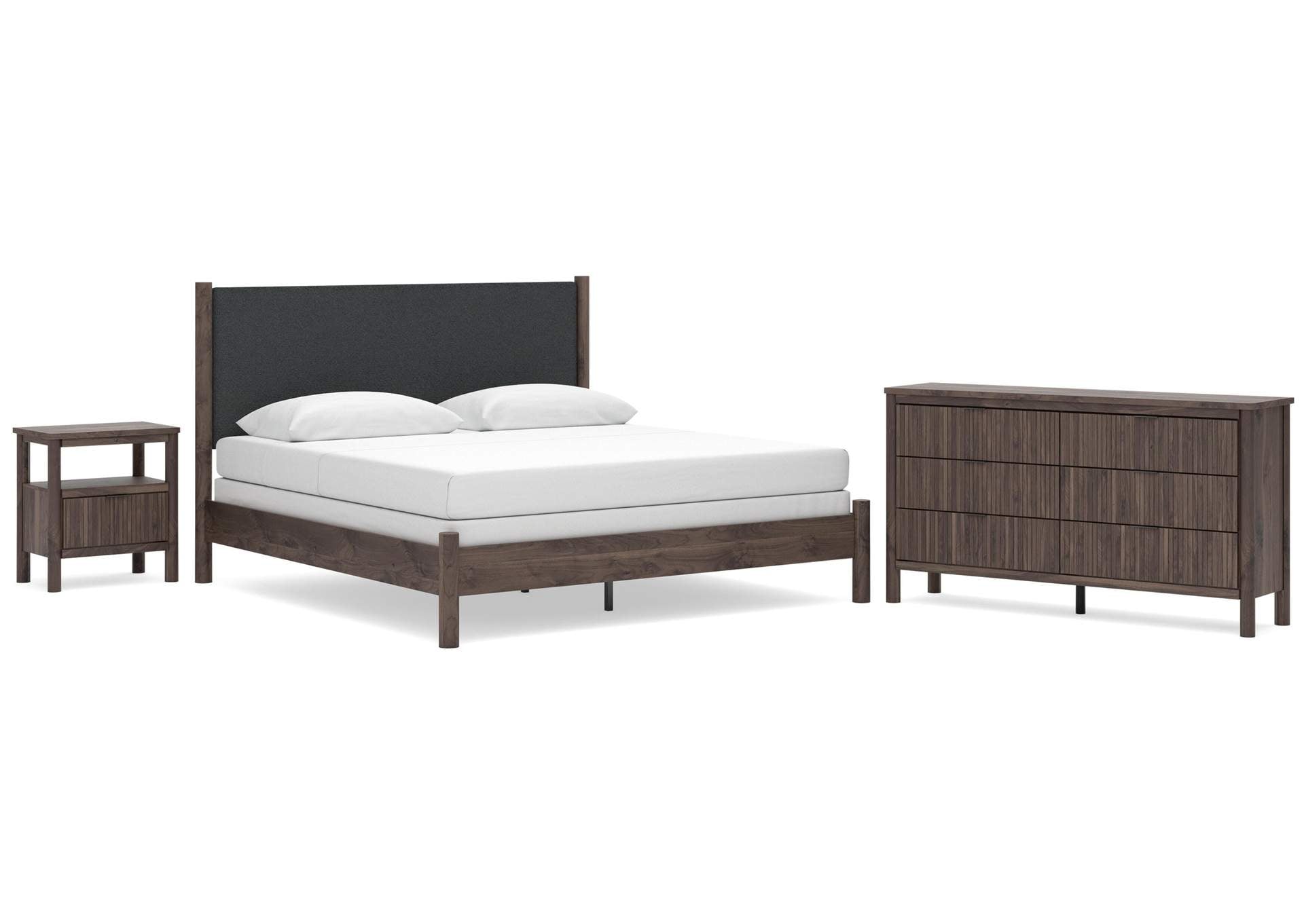 Cadmori King Upholstered Panel Bed, Dresser and Nightstand
