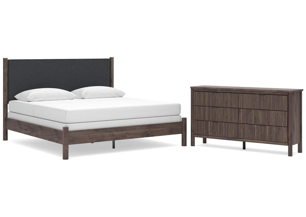 Cadmori King Upholstered Panel Bed and Dresser