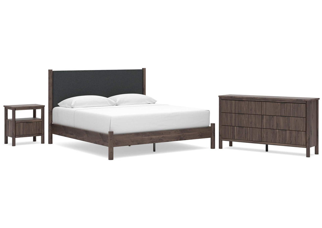 Cadmori King Upholstered Panel Platform Bed, Dresser and Nightstand