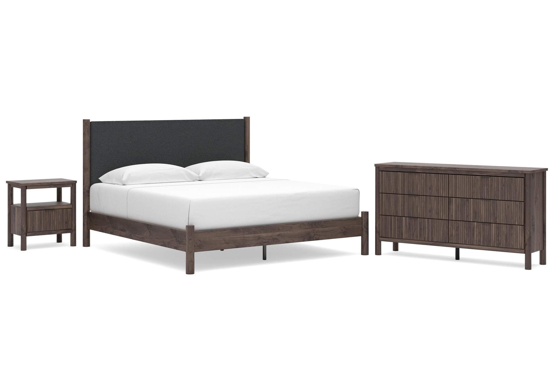 Cadmori King Upholstered Panel Platform Bed, Dresser and Nightstand
