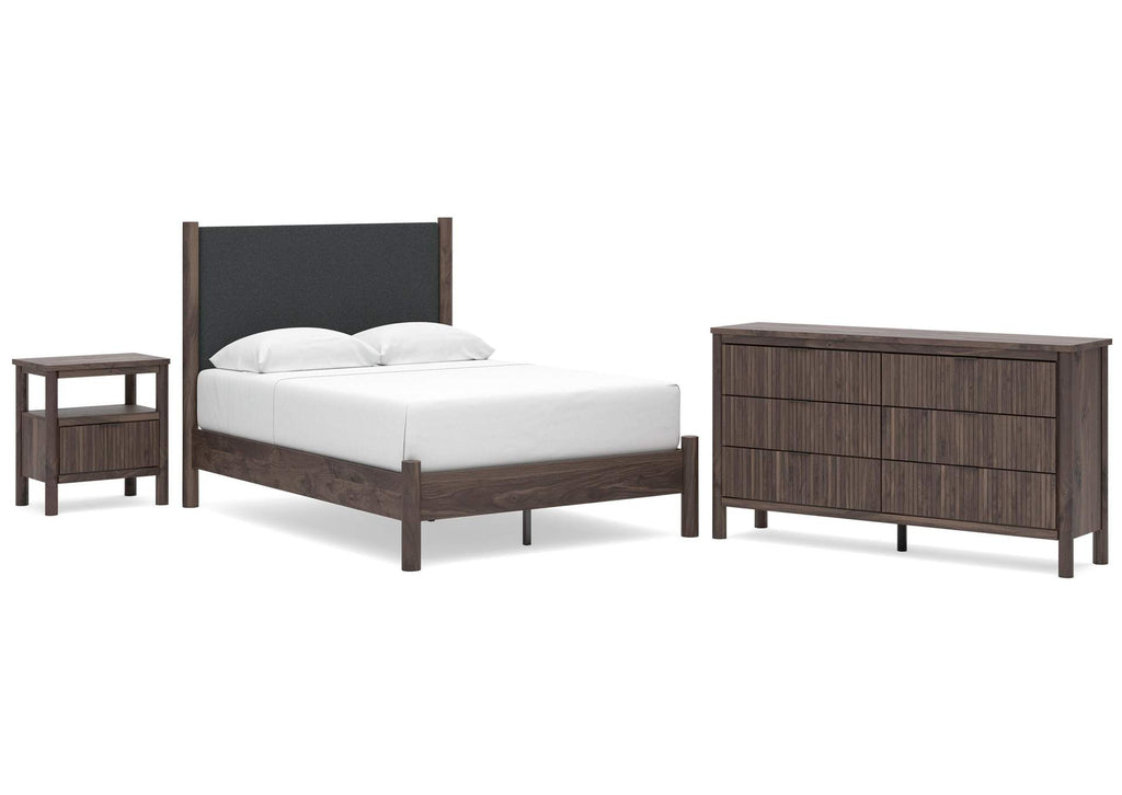 Cadmori Full Upholstered Panel Platform Bed, Dresser and Nightstand