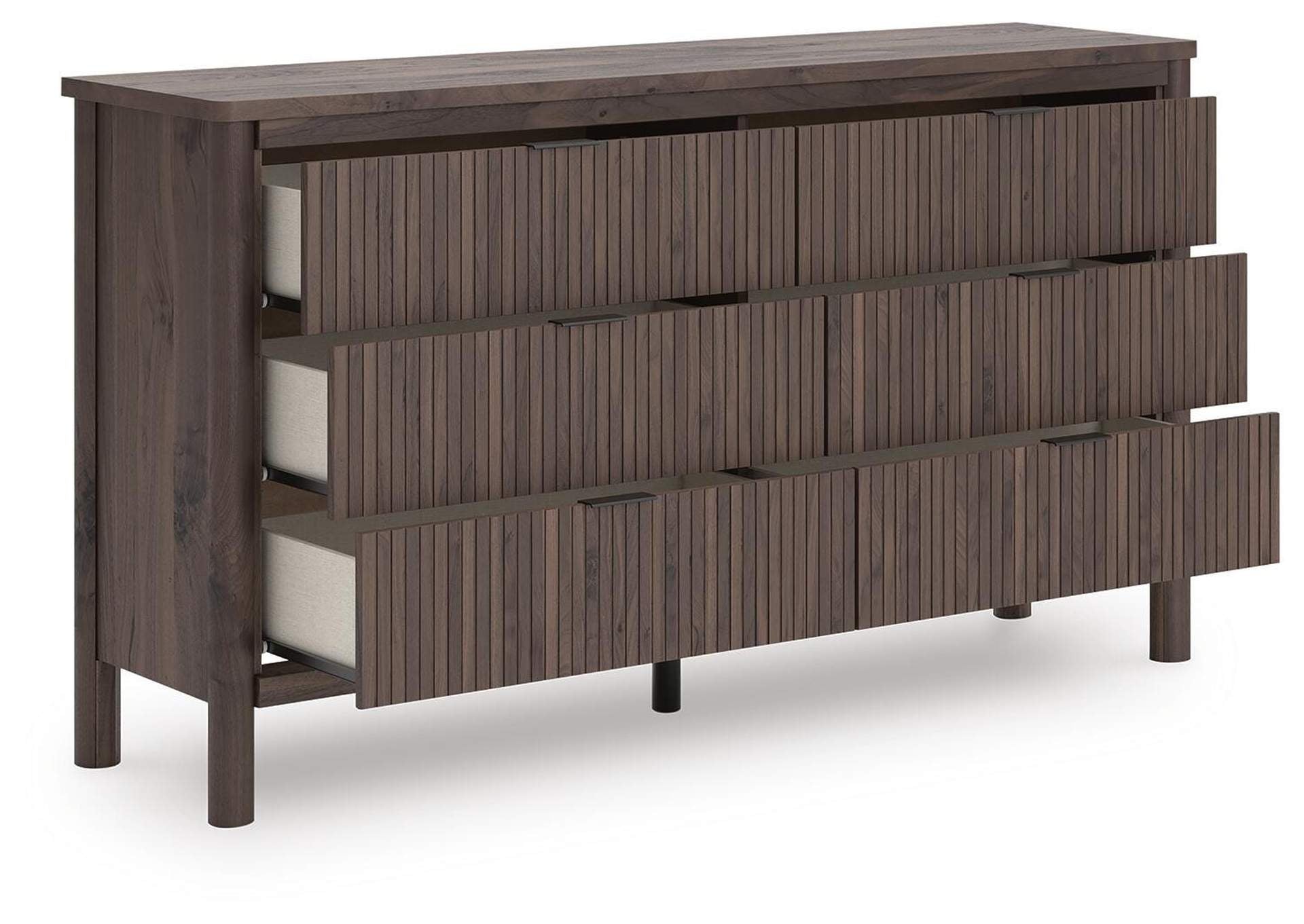 Cadmori Full Upholstered Panel Bed, Dresser and Nightstand angled view