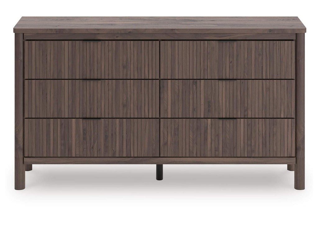 Cadmori Queen Upholstered Panel Platform Bed, Dresser and Nightstand front view