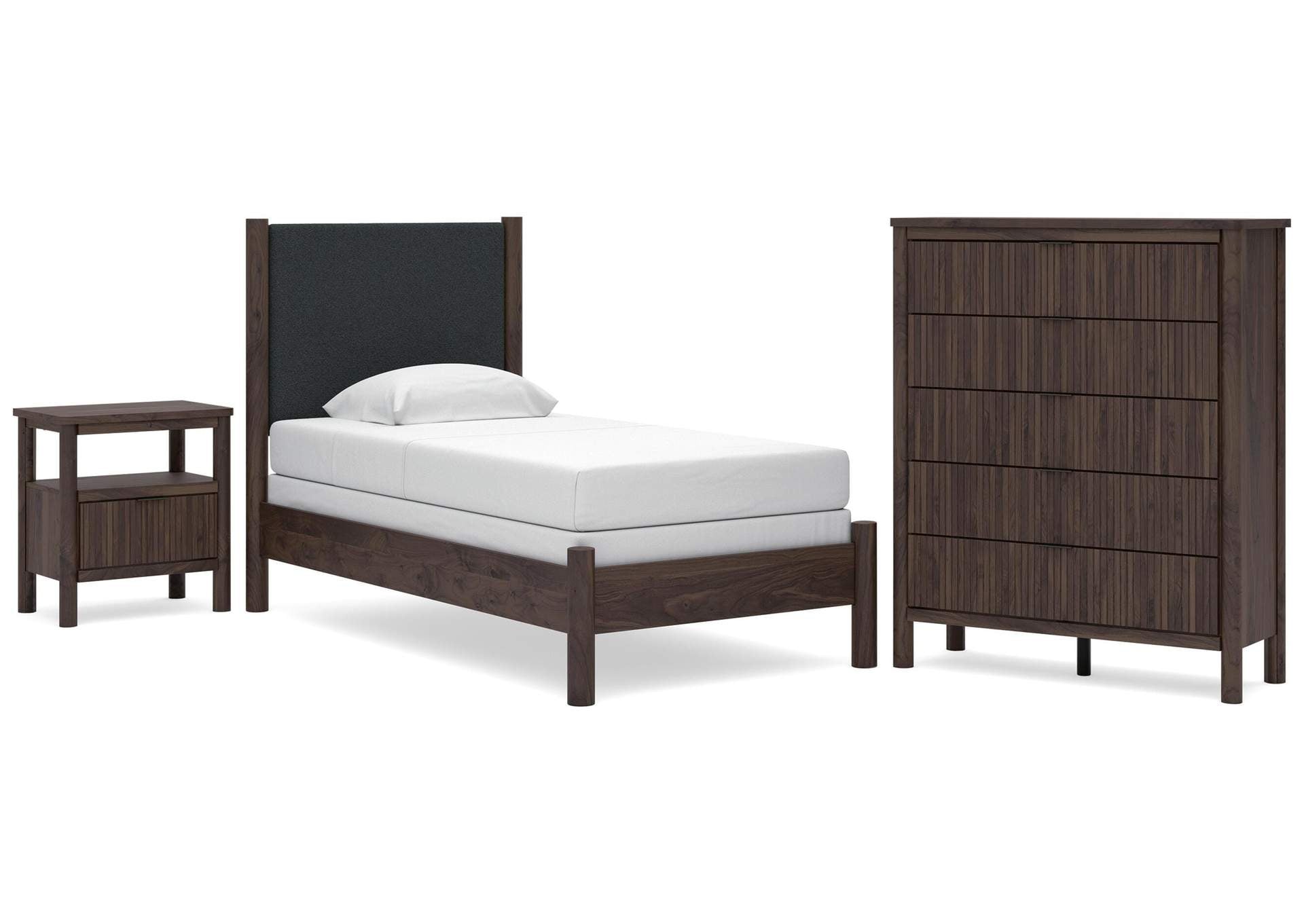 Cadmori Twin Upholstered Panel Bed, Chest and Nightstand