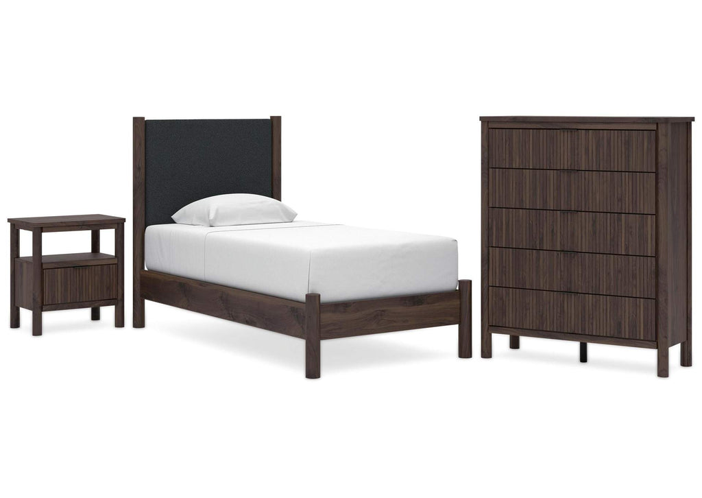 Cadmori Twin Upholstered Panel Platform Bed, Chest and Nightstand