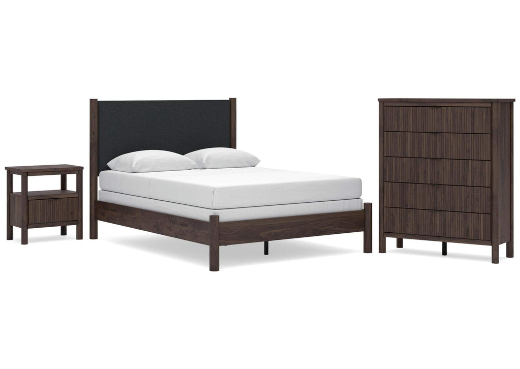 Cadmori Queen Upholstered Panel Bed, Dresser, Mirror and Nightstand