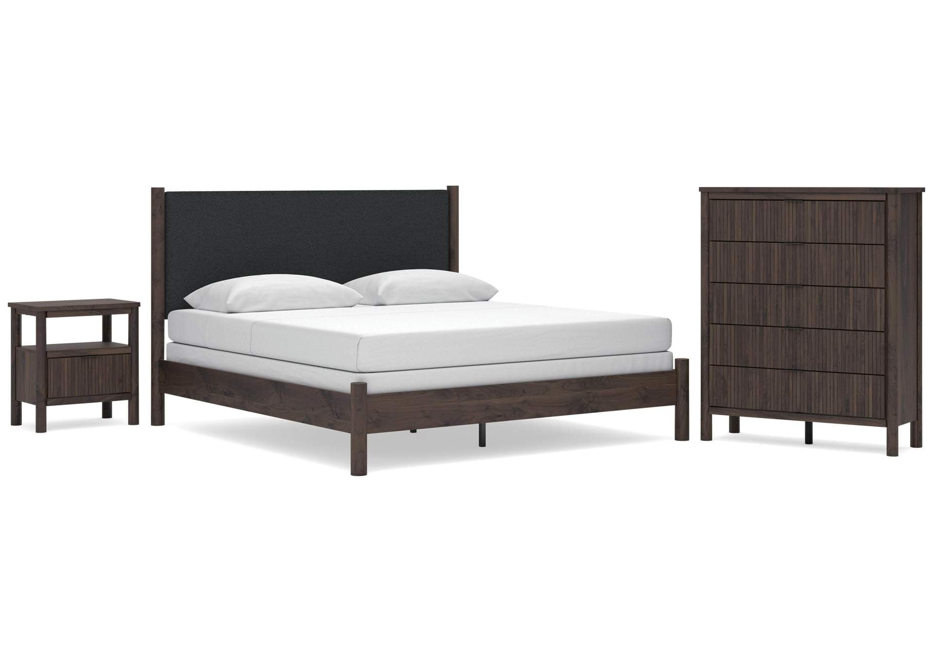 Cadmori King Upholstered Panel Bed, Chest and Nightstand
