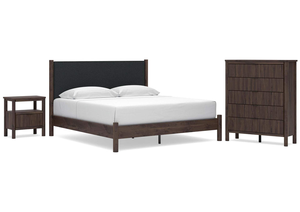 Cadmori King Upholstered Panel Platform Bed, Chest and Nightstand