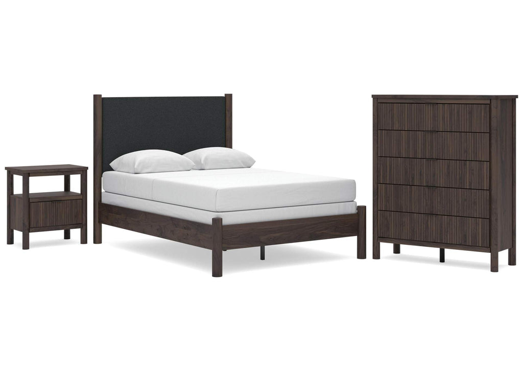 Cadmori Full Upholstered Panel Bed, Chest and Nightstand