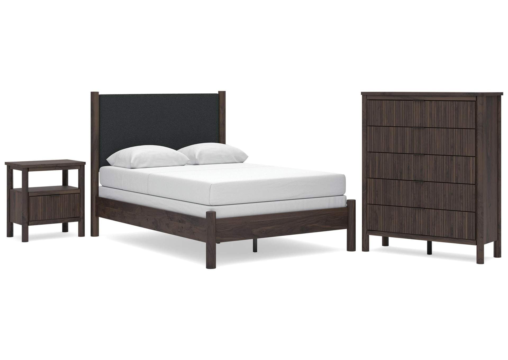 Cadmori Full Upholstered Panel Bed, Chest and Nightstand