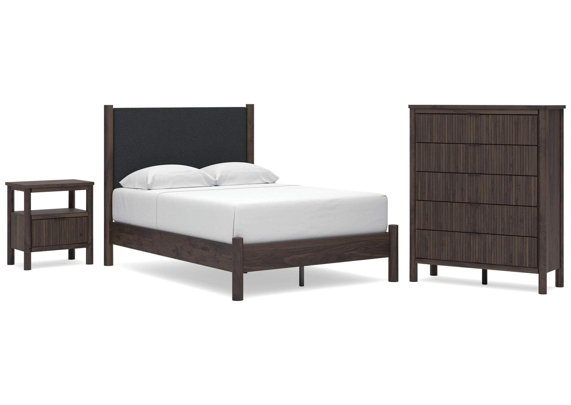 Cadmori Full Upholstered Panel Platform Bed, Chest and Nightstand