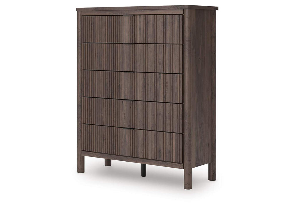 Cadmori Twin Upholstered Panel Platform Bed, Dresser and Chest angled view