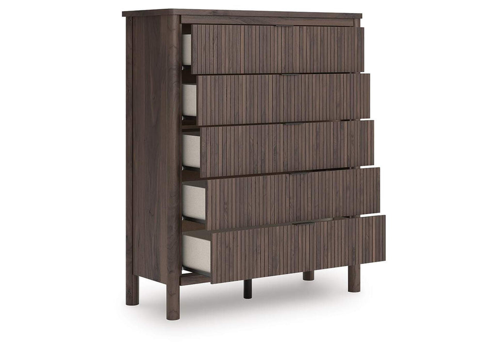 Cadmori Full Upholstered Panel Platform Bed, Dresser and Chest angled view