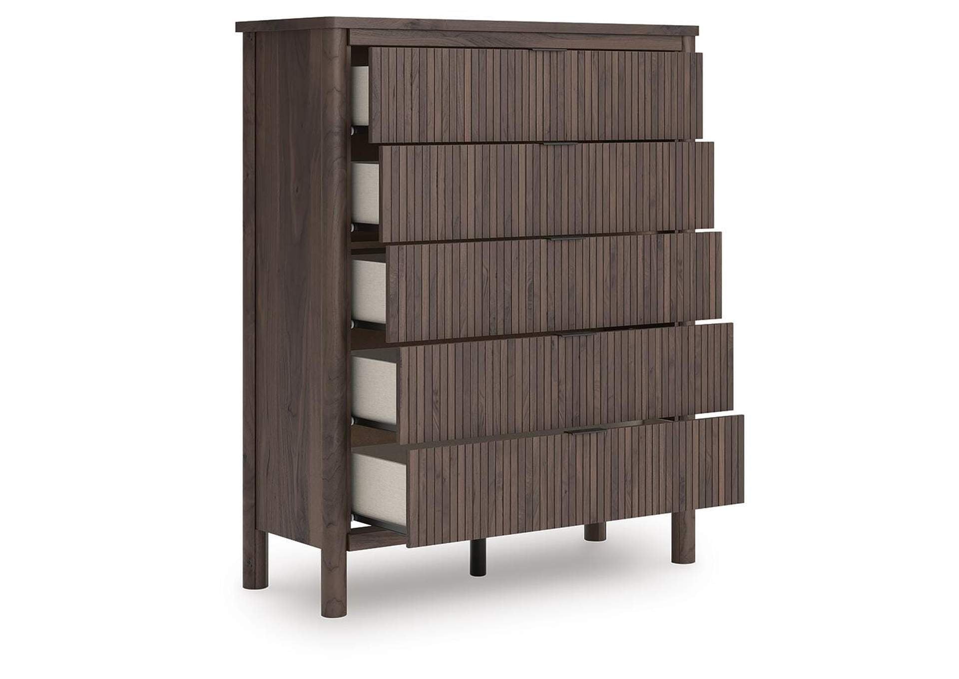 Cadmori King Upholstered Panel Bed, Dresser, Mirror, Chest and Nightstand angled view