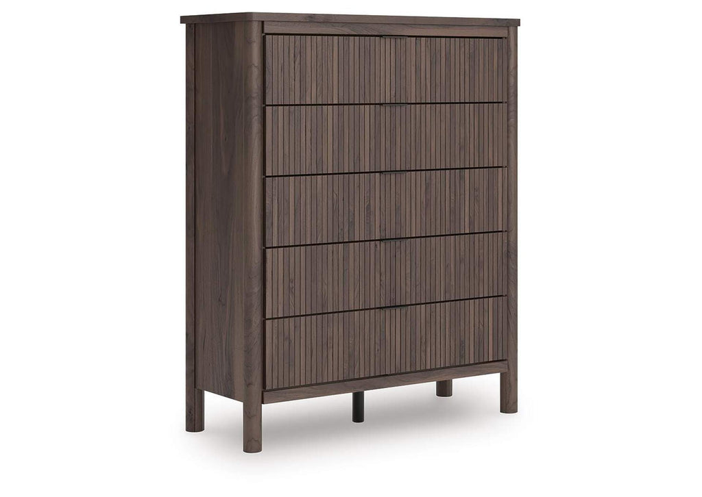 Cadmori King Upholstered Panel Bed, Dresser and Chest angled view