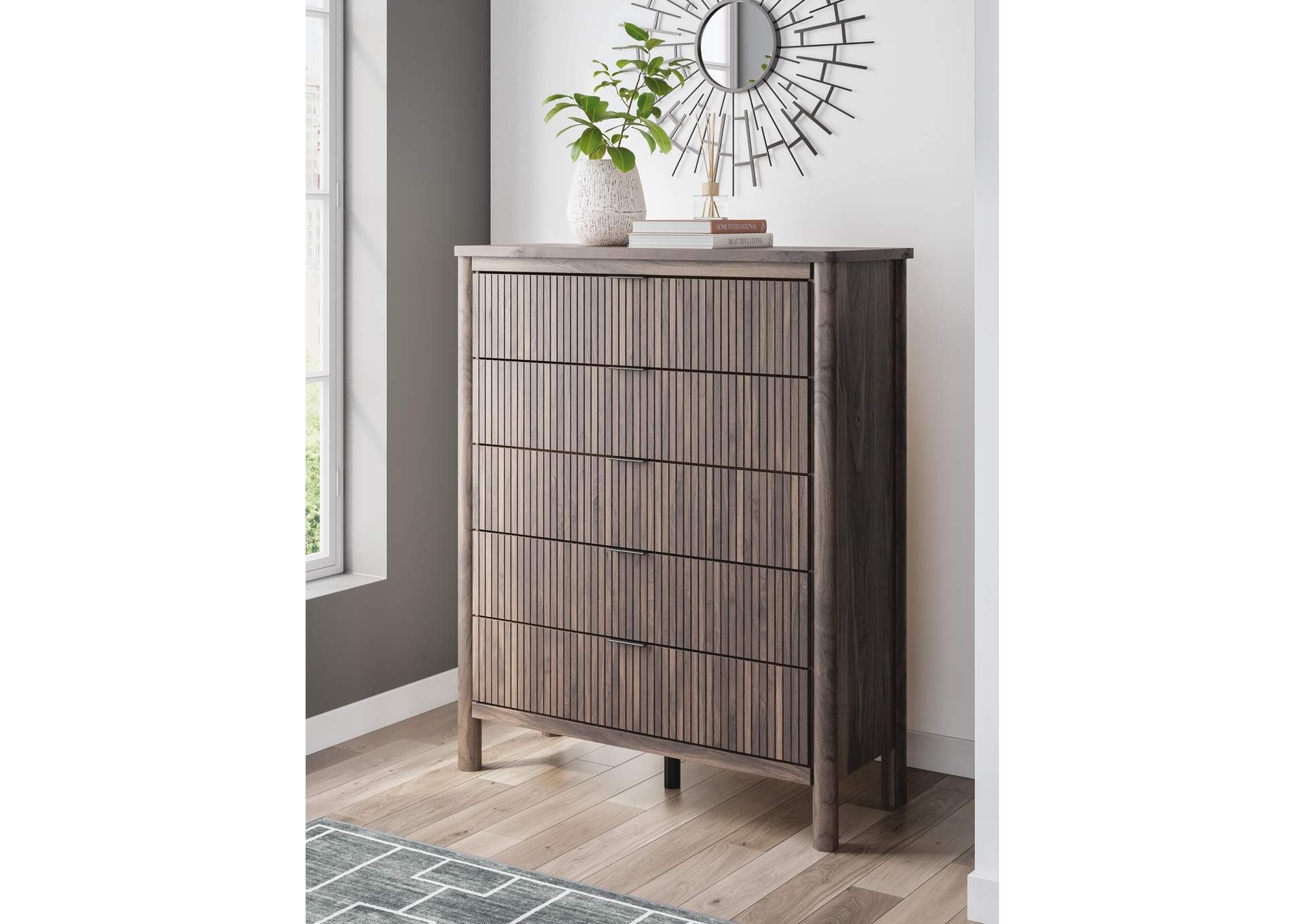 Cadmori Twin Upholstered Panel Platform Bed, Dresser and Chest