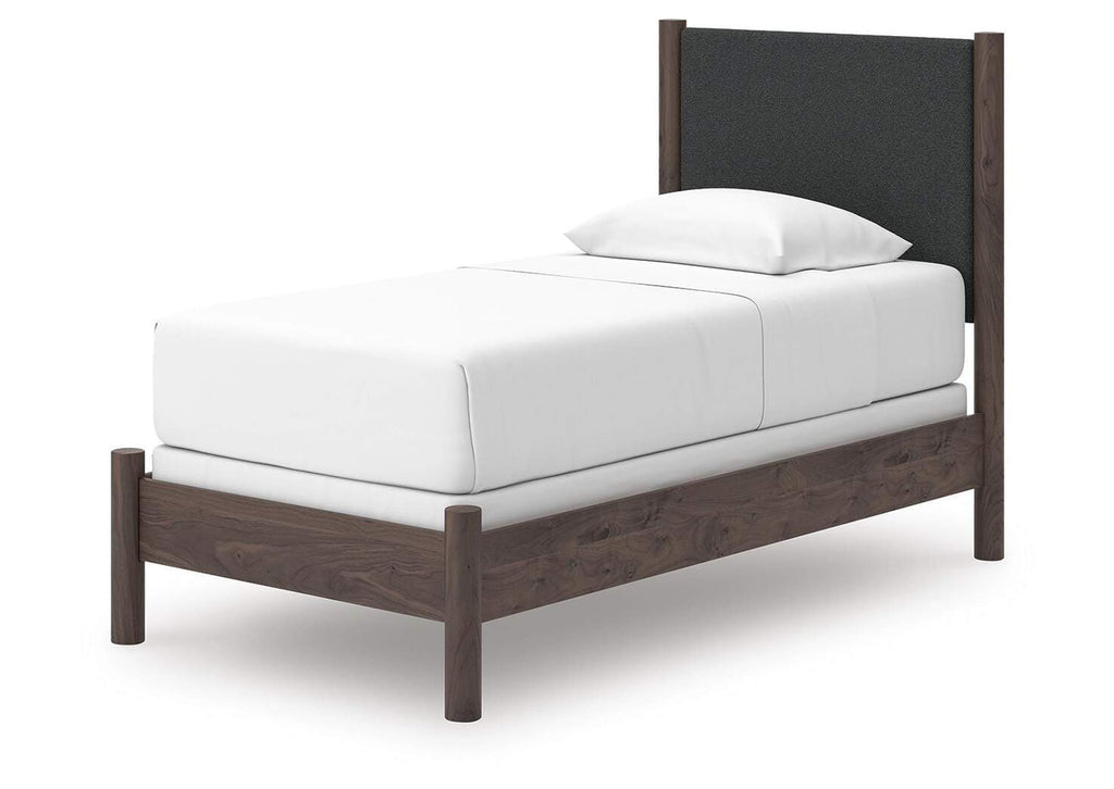 Cadmori Twin Upholstered Panel Bed, Dresser, Mirror and Chest angled view