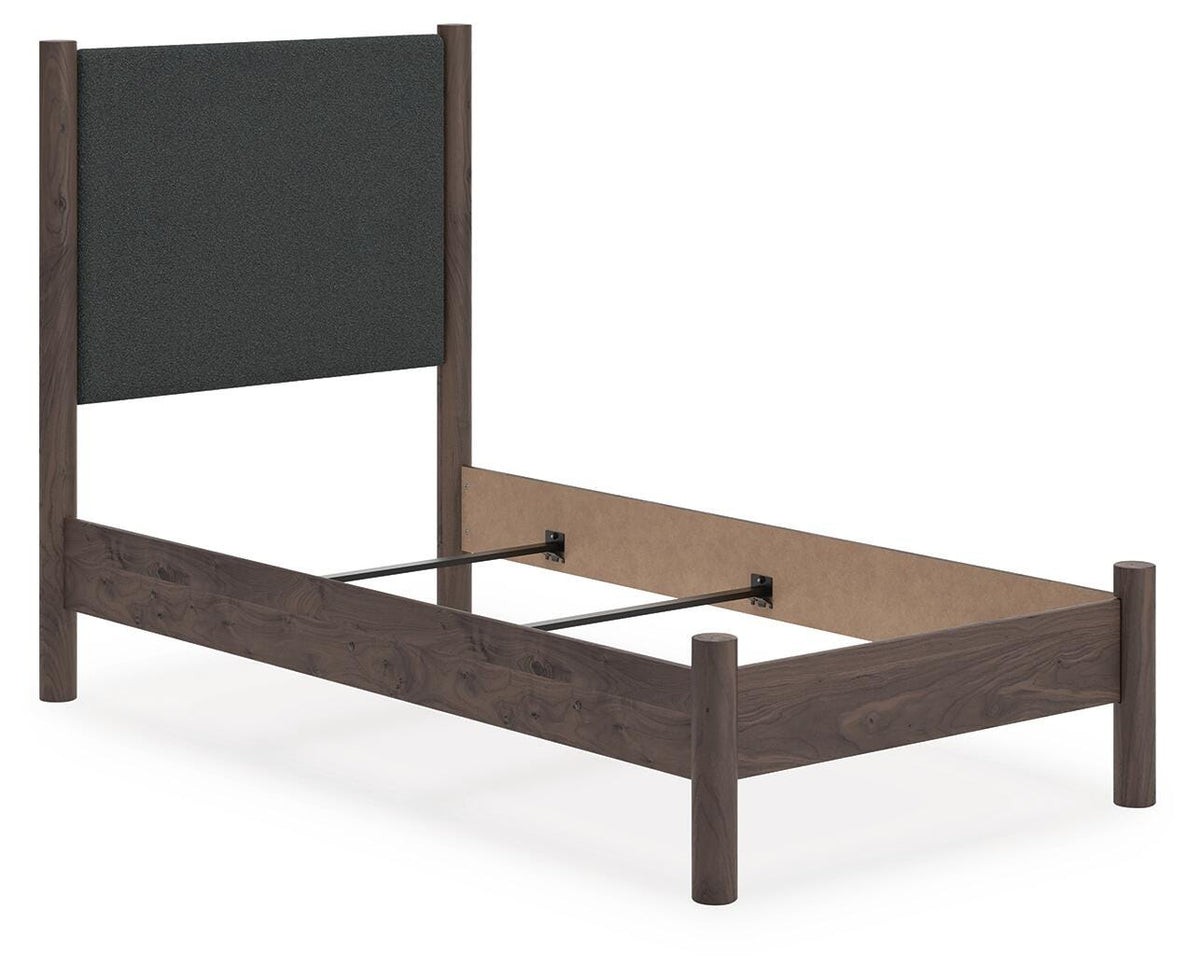Pamytta Twin Upholstered Panel Bed in Brown, angle view