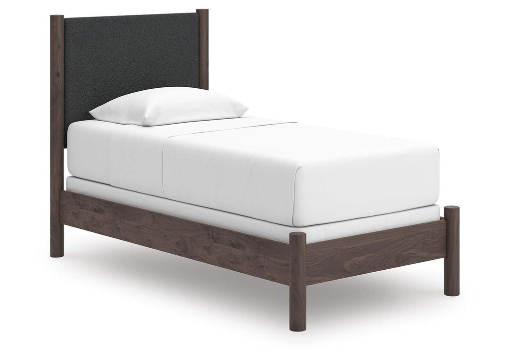 Cadmori Twin Upholstered Panel Bed, Dresser and Mirror angled view
