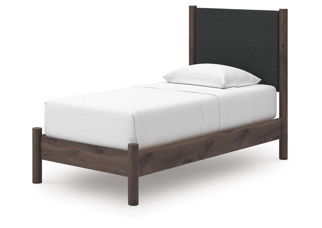 Cadmori Twin Upholstered Panel Platform Bed, Chest and Nightstand angled view