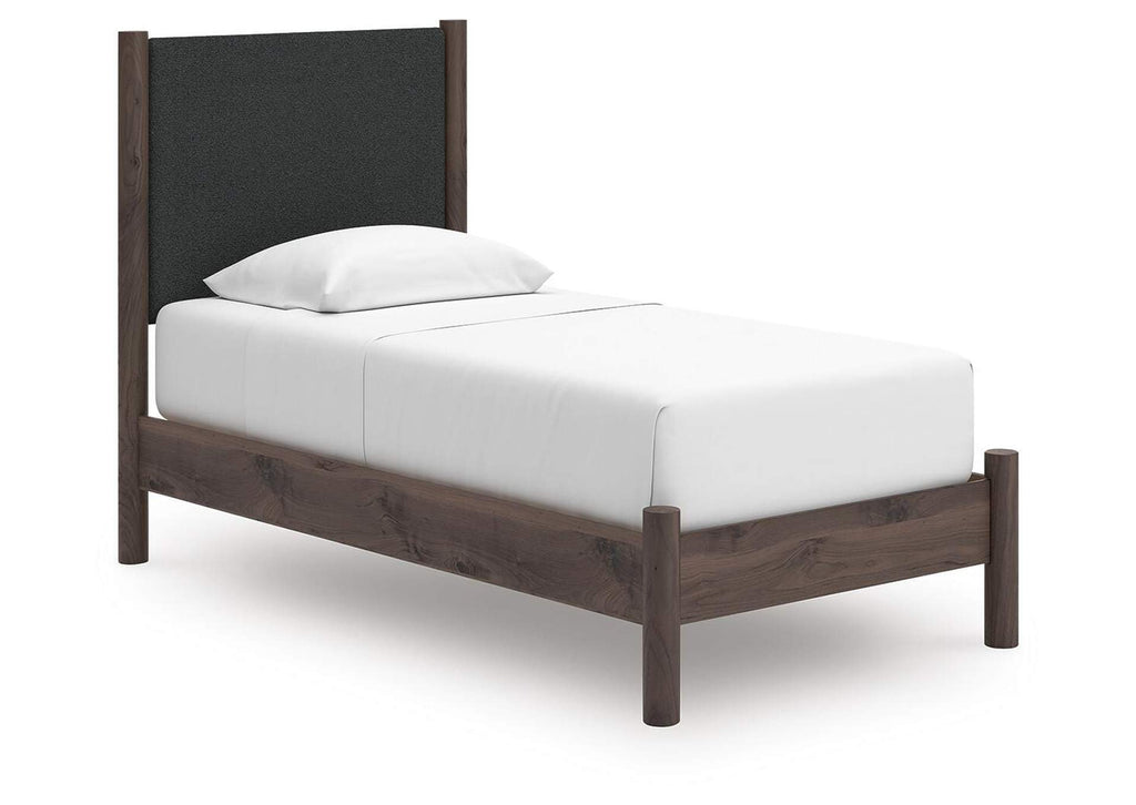 Cadmori Twin Upholstered Panel Platform Bed, Chest and Nightstand angled view