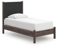 Pamytta Twin Upholstered Panel Platform Bed in Brown, angle view