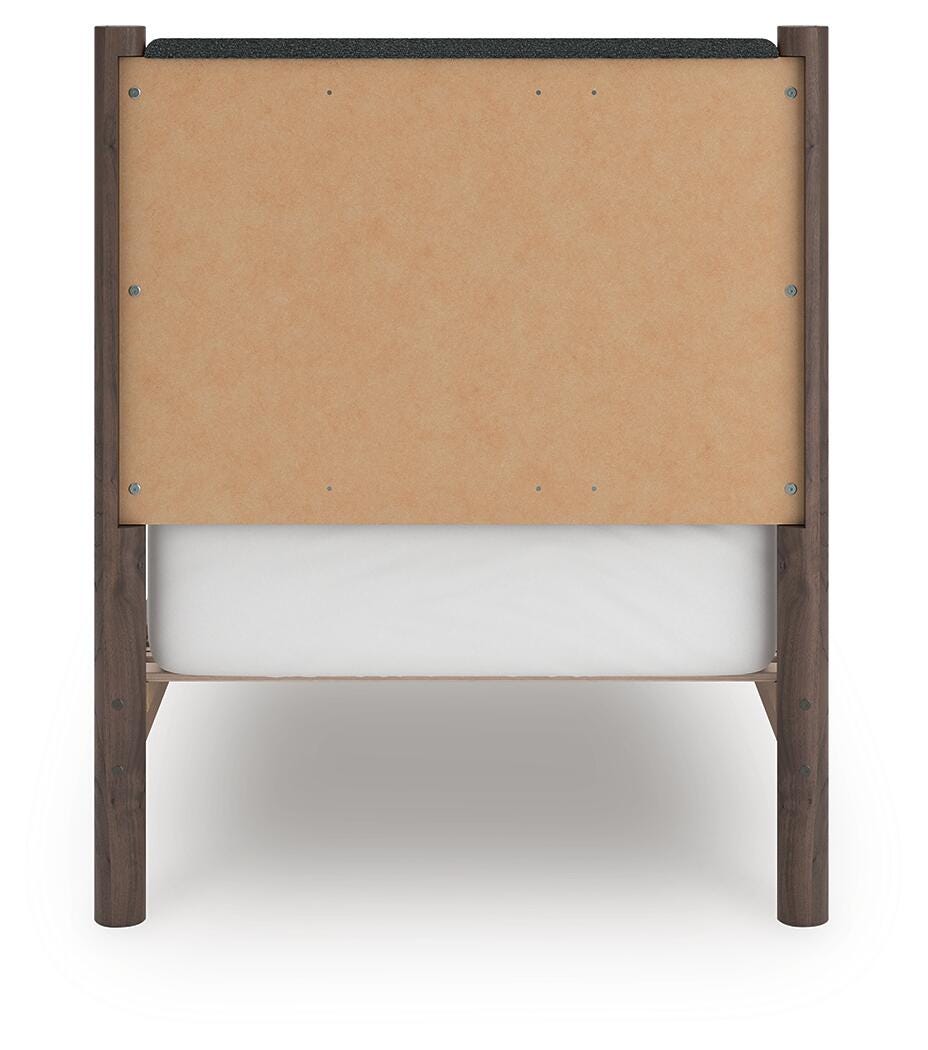 Pamytta Twin Upholstered Panel Platform Bed in Brown, back view