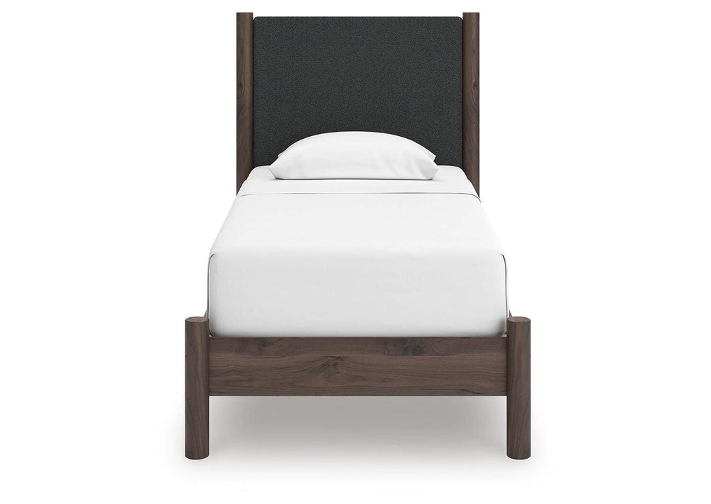 Cadmori Twin Upholstered Panel Platform Bed, Dresser, Mirror and Chest