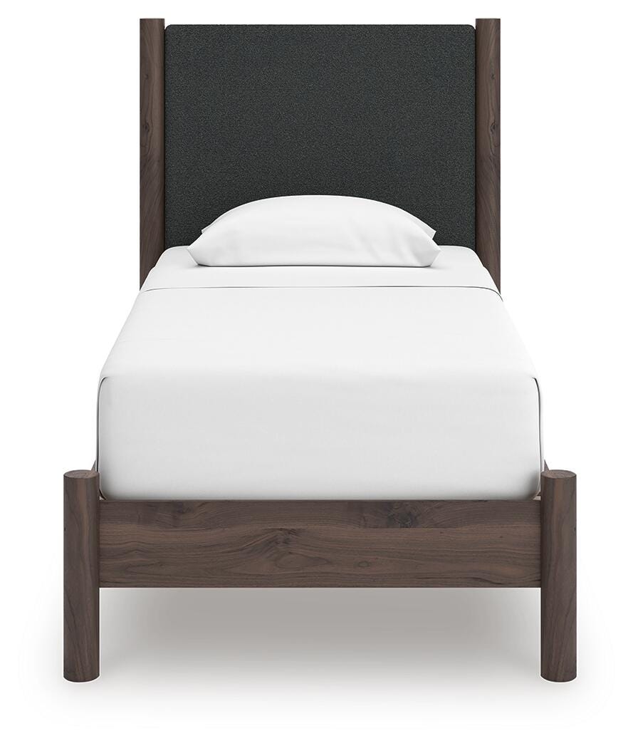 Pamytta Twin Upholstered Panel Platform Bed in Brown, front view