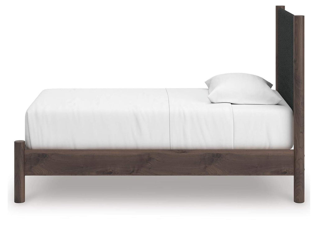 Cadmori Twin Upholstered Panel Platform Bed, Dresser, Mirror, Chest and Nightstand side view