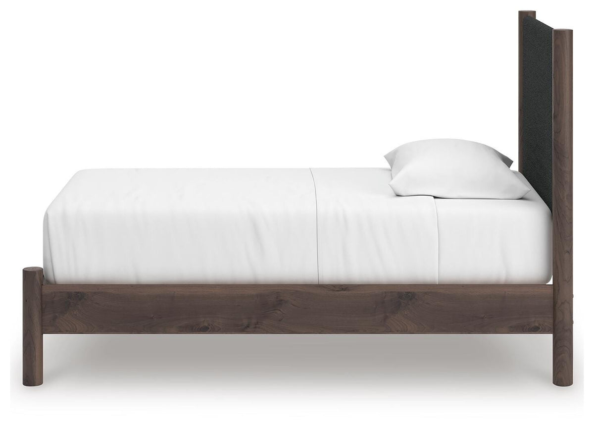 Pamytta Twin Upholstered Panel Platform Bed in Brown, alternate side view