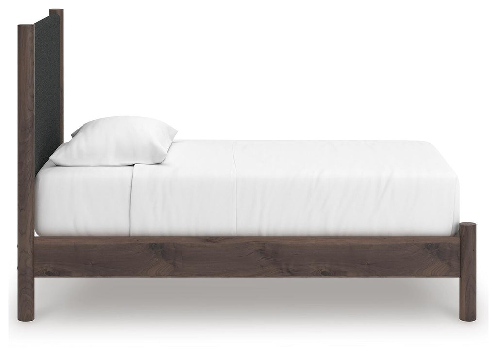 Pamytta Twin Upholstered Panel Platform Bed in Brown, side view