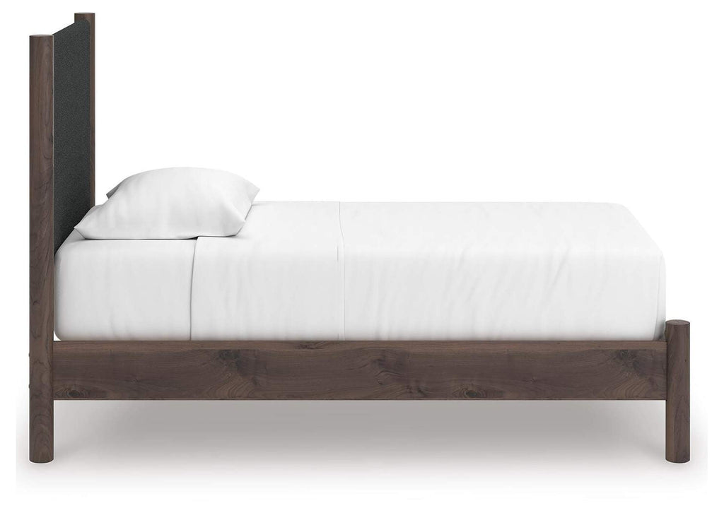 Cadmori Twin Upholstered Panel Platform Bed, Dresser and Nightstand side view
