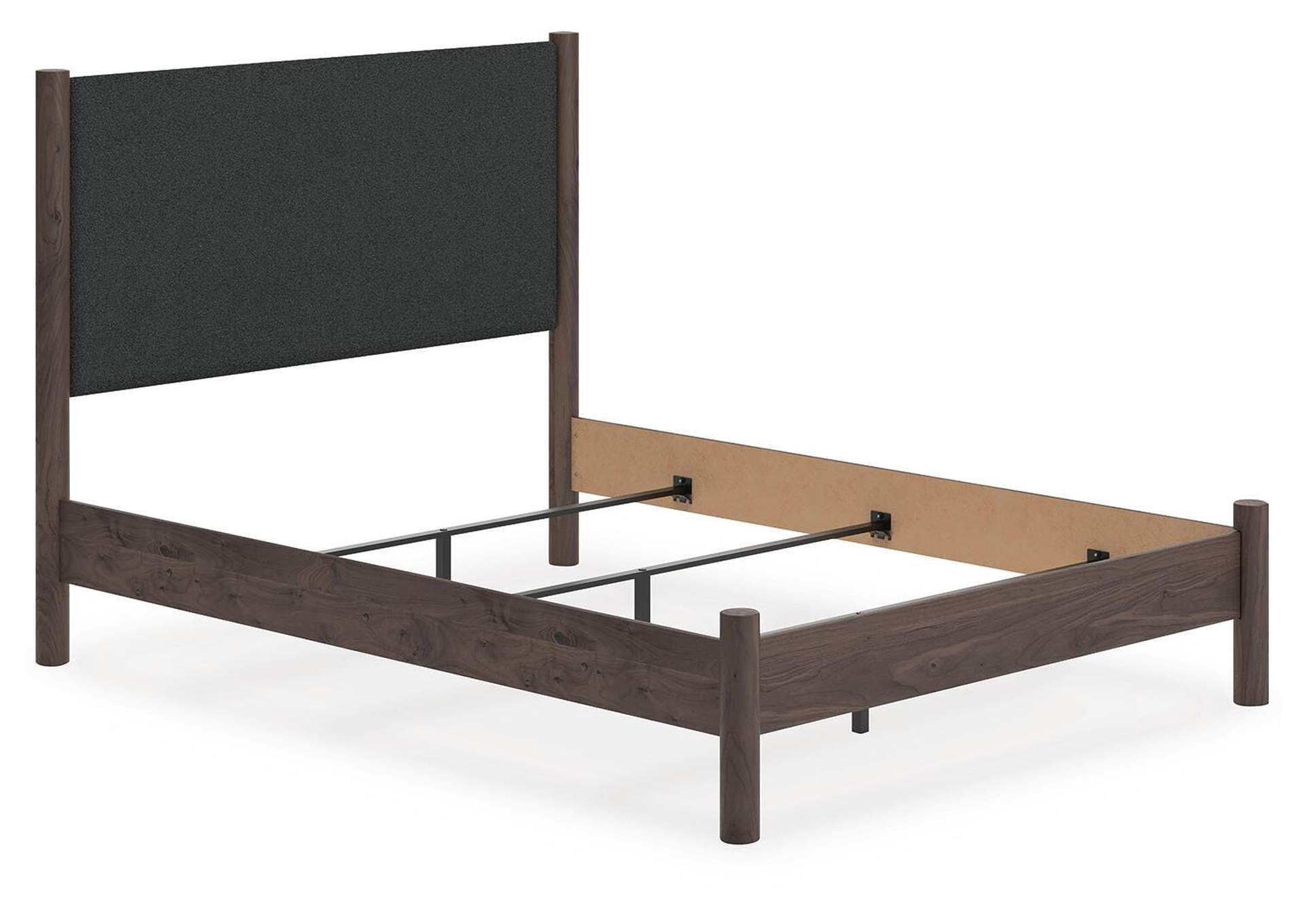 Cadmori Queen Upholstered Panel Bed, Dresser, Mirror and Nightstand angled view