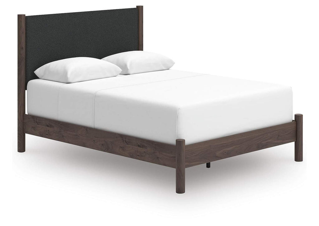 Cadmori Queen Upholstered Panel Bed, Dresser, Mirror, Chest and Nightstand angled view