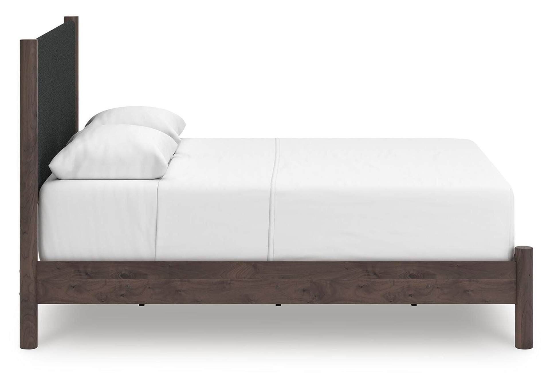 Cadmori Queen Upholstered Panel Bed, Dresser, Mirror and Nightstand side view
