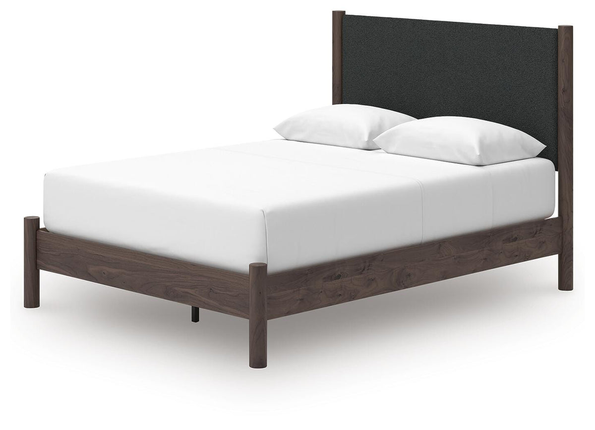 Pamytta Queen Upholstered Panel Platform Bed in Brown, angle view