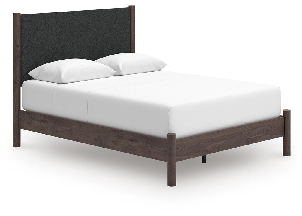 Pamytta Queen Upholstered Panel Platform Bed in Brown, angle view