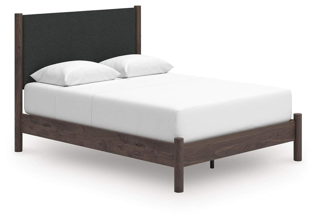 Cadmori Queen Upholstered Panel Platform Bed and Dresser angled view