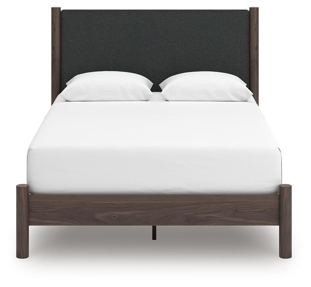 Pamytta Queen Upholstered Panel Platform Bed in Brown, front view