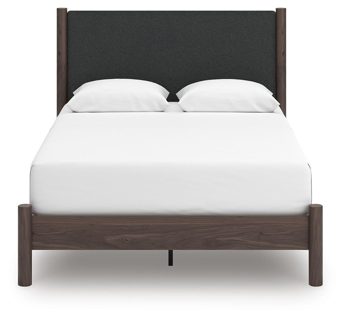 Pamytta Queen Upholstered Panel Platform Bed in Brown, front view