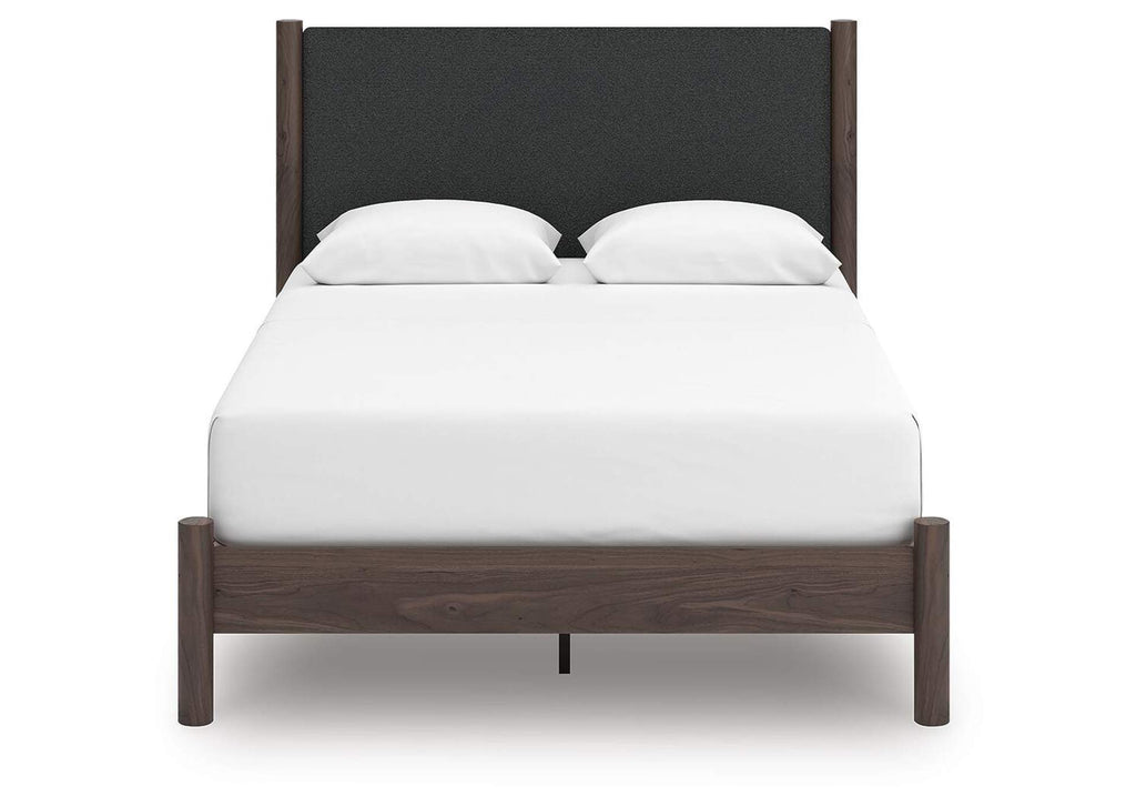 Cadmori Queen Upholstered Panel Platform Bed, Dresser, Mirror and Nightstand front view