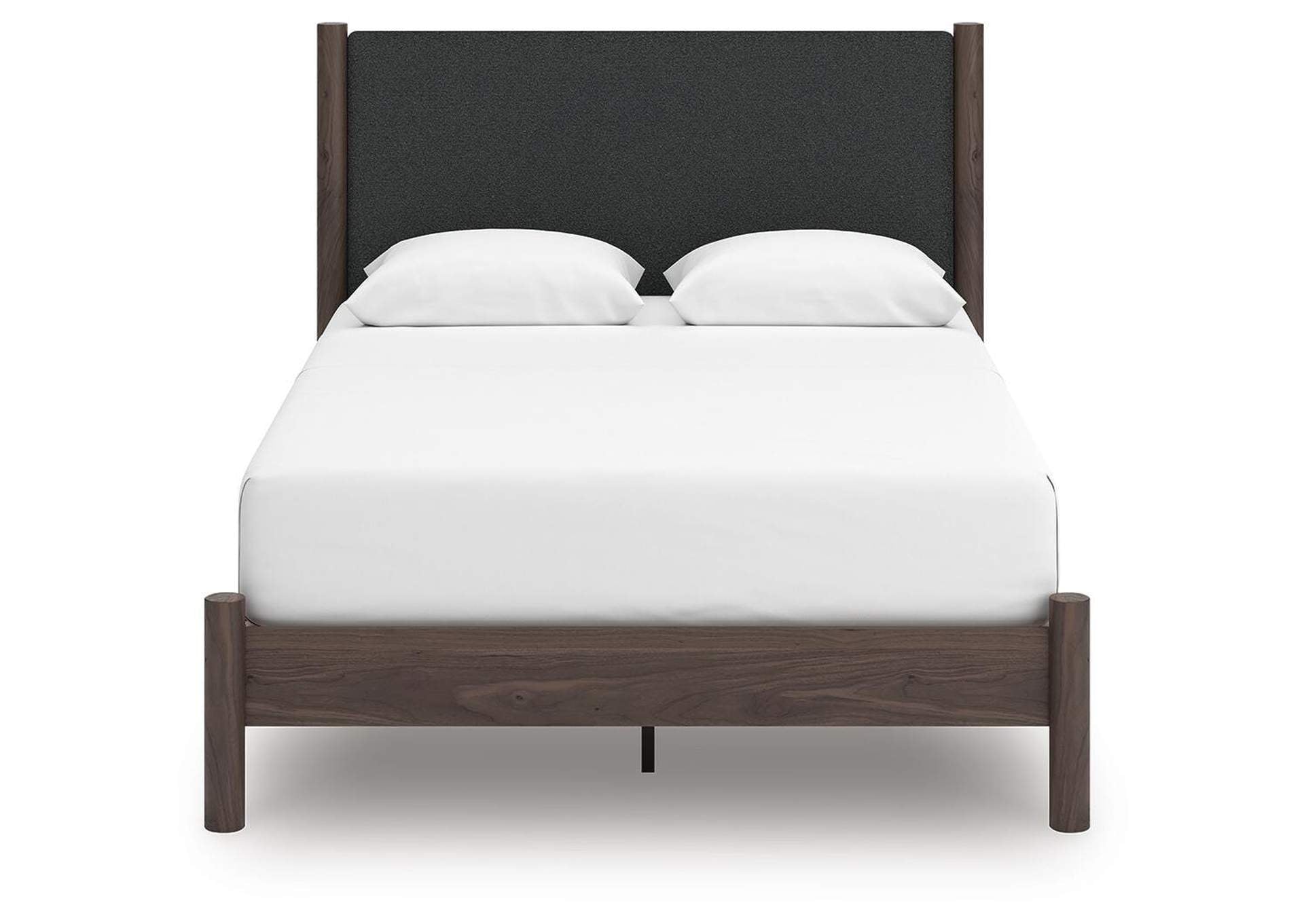 Cadmori Queen Upholstered Panel Platform Bed, Dresser, Mirror and Nightstand front view