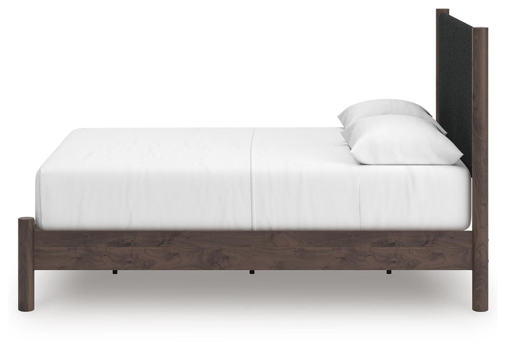 Pamytta Queen Upholstered Panel Platform Bed in Brown, alternate side view